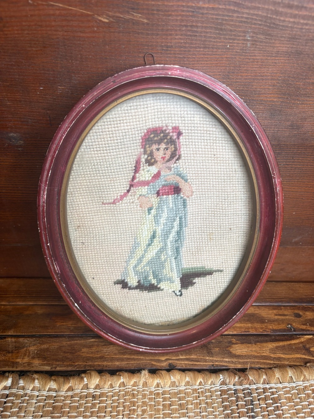 Vintage Needlepoint Girl in Dress & Hat Oval Framed Artwork